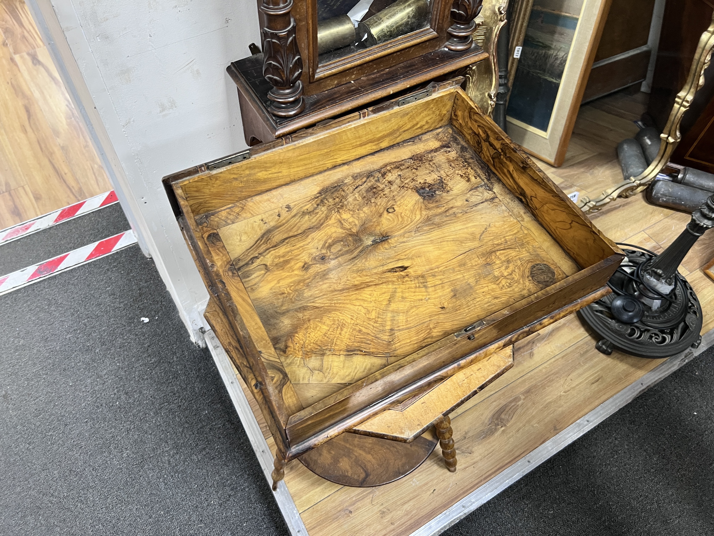 Judaica - a Jerusalem olive wood table, width 38cm and a similar bible box, inscribed 'Abrahams oak from Lebron', 45cm